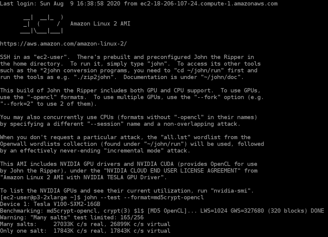 Image: Openwall Password Recovery and Password Security Auditing Bundle basic usage instructions, and md5crypt benchmark on an NVIDIA Tesla V100 GPU on AWS as an illustration of performance to expect (~27M c/s at md5crypt "Many salts", which is a very decent speed)