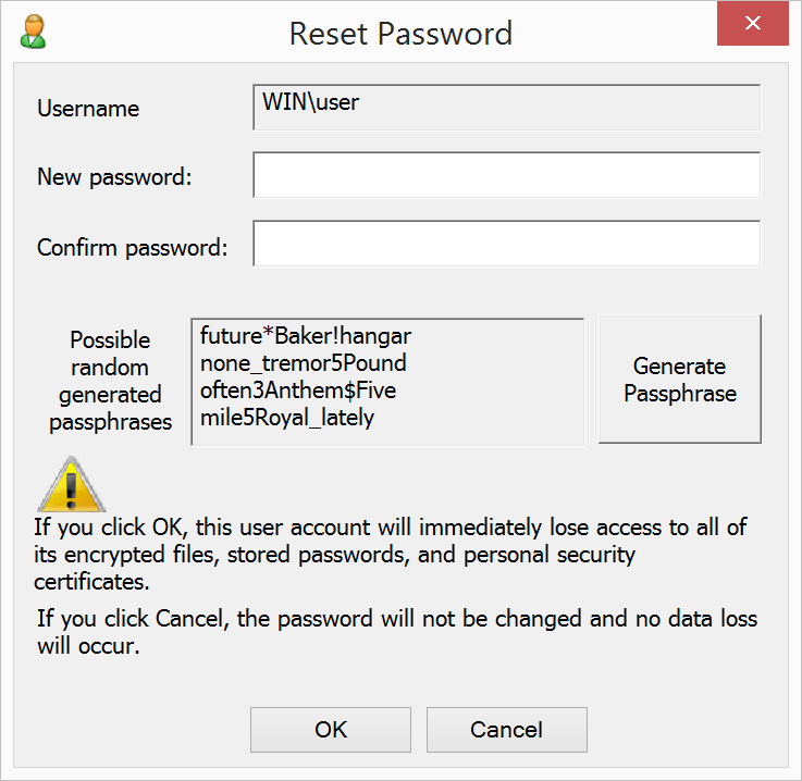 passwdqc for Windows - Reset Password utility - new password dialog