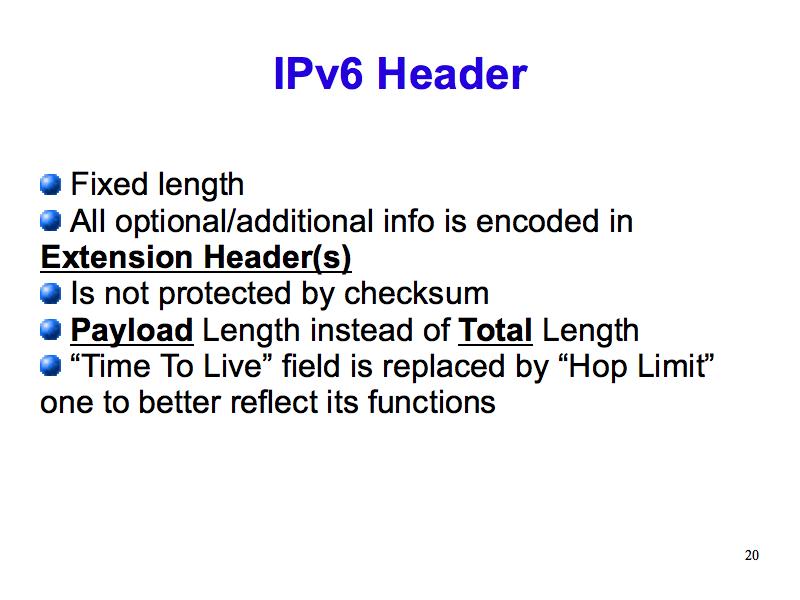 IPv6 Header vs. IPv4 (IPv6: What, Why, How - Slide 20)