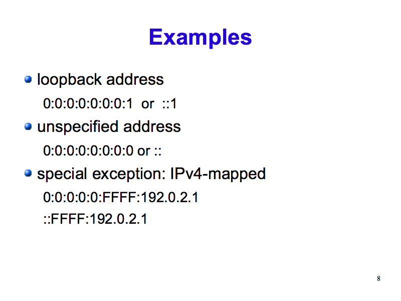 IPv6 Address Examples (IPv6: What, Why, How - Slide 8)