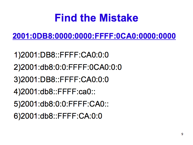 Find the Mistake (IPv6: What, Why, How - Slide 9)